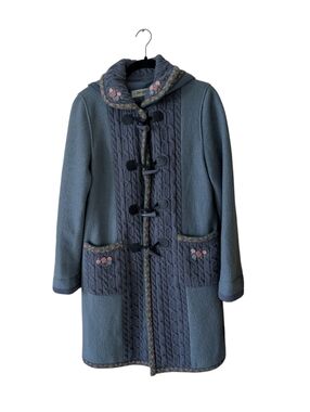 Cottagecore Dusty Blue Embroidered Toggle Grandmacore Hooded Coat Size Medium‎